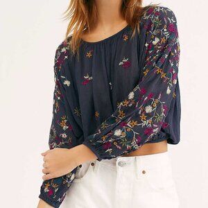 Free People Wild Flowers embroidered peasant top, Indigo, size L
